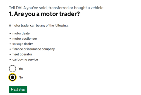 Screenshot of question asking if you're a motor trader in the online DVLA form to tell them you've sold, transferred, or bought a vehicle. 