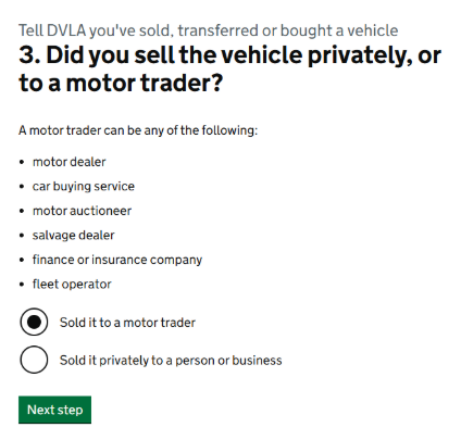 Screenshot of question asking if you sold the vehicle privately or to a motor trader in the online DVLA form to tell them you've sold, transferred, or bought a vehicle. 