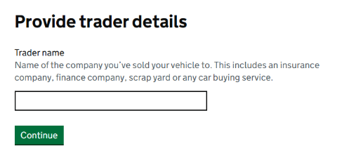 Screenshot of where to add the trader details in the online DVLA form to tell them you've sold, transferred, or bought a vehicle. 